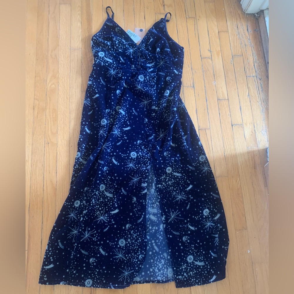Urban Outfitters Rooftop Constellation Blue Velvet Star Print Maxi Dress